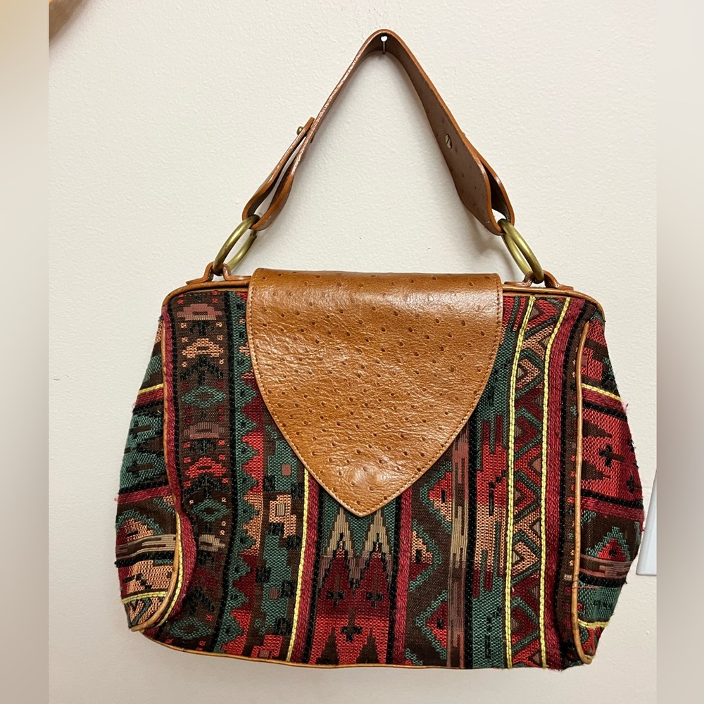 Vtg Lauren Alexandra Southwestern Tapestry and Ostrich Print Satchel